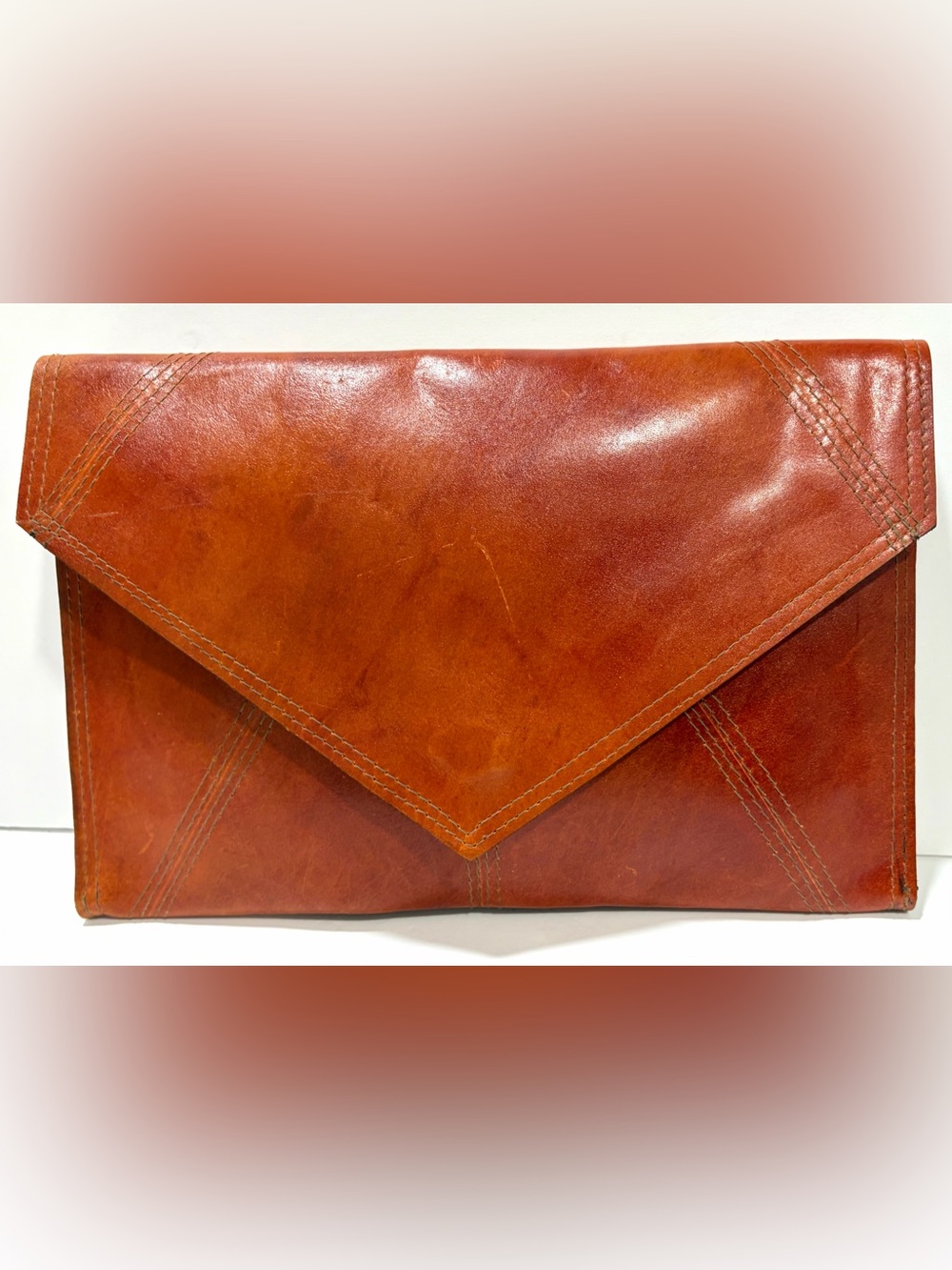 Luxury Brown Leather Clutch with Signature V-Stitch Detailing - NWT